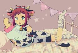  1boy animal_costume animal_ears animal_print blush cow_boy cow_costume cow_ears cow_horns cow_print cow_tail ear_tag full_body green_eyes highres horns looking_at_viewer loose_socks male_focus oginy on_bed original red_hair socks solo stuffed_baby_bottle tail 