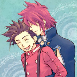  00s 2boys ^_^ age_difference akagi_haruna blush brown_hair closed_eyes father_and_son happy hug kratos_aurion lloyd_irving multiple_boys red_hair short_hair smile spiked_hair tales_of_(series) tales_of_symphonia 