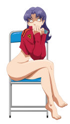  1girl artist_request ass barefoot blue_hair blush bottomless breasts brown_eyes chair clenched_hands collarbone collared_jacket covering_own_mouth crossed_legs embarrassed english_text eyelashes feet feet_up female_focus fingernails full_body highres jacket katsuragi_misato leaf_print legs long_hair long_sleeves looking_at_viewer medium_breasts naked_jacket navel neck neon_genesis_evangelion no_bra no_panties no_pants no_shirt nude open_clothes open_jacket own_hands_together parted_bangs red_jacket shiny_clothes shiny_skin sidelocks sitting thighs thighs_together tiptoes toenails toes white_background wide-eyed  rating:Explicit score:66 user:MAKUTAKARZAHNI