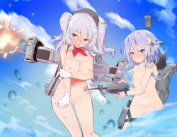  2girls blue_eyes blue_sky blush breasts caburi caburi_aki cleft_of_venus closed_mouth cloud cloudy_sky collarbone crescent crescent_hair_ornament day embarrassed female_focus flat_chest gloves gluteal_fold hair_between_eyes hair_ornament kantai_collection kashima_(kancolle) long_hair machinery multiple_girls navel nipples open_mouth outdoors purple_hair pussy silver_hair sky twintails uncensored v-shaped_eyebrows water weapon white_gloves yayoi_(kancolle) 
