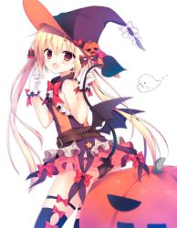  1girl :d ass bare_shoulders bat_wings belt belt_buckle black_panties black_thighhighs blonde_hair blush bow bowtie brown_belt brown_eyes buckle commentary_request demon_tail frilled_shirt frills ghost gloves hair_between_eyes hair_bow halloween hands_up hat heart holding_tail index_finger_raised izumiyuhina jack-o&#039;-lantern lace lace-trimmed_gloves lace_trim long_hair looking_at_viewer looking_back low_wings microskirt multicolored_shirt open_mouth original panties purple_hat red_bow red_bowtie red_skirt shirt sidelocks simple_background skirt sleeveless sleeveless_shirt smile solo striped_clothes striped_shirt tail tareme thighhighs twintails underwear vertical-striped_clothes vertical-striped_shirt very_long_hair white_background white_gloves wing_collar wings witch |_|  rating:Sensitive score:11 user:danbooru