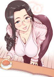 1girl ass bent_over black_hair black_pants blue_eyes blush breasts brown_hair cleavage collarbone cup drill_hair female_focus glasses hand_on_own_knee highres jewelry large_breasts leaning_forward lips long_hair looking_at_viewer mature_female minamida_usuke open_mouth original pants pink_shirt ring shirt smile solo standing table takashi-kun_no_mama_to_kakurenbo_ecchi tea teacup teeth wedding_band wooden_floor rating:Sensitive score:186 user:DarthDaniel96