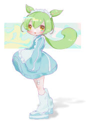  1girl abstract_background alternate_costume apron blue_dress blush commentary dress enmaided frilled_apron frills from_side full_body gauze gauze_on_leg green_hair highres jersey_maid leg_warmers long_hair long_sleeves looking_at_viewer looking_to_the_side maid maid_apron maid_headdress outside_border parted_lips ratechi shoes short_dress single_vertical_stripe sleeves_past_fingers sleeves_past_wrists sneakers solo standing unconventional_maid voiceroid voicevox white_apron white_background white_leg_warmers yellow_eyes zipper_pull_tab zundamon 