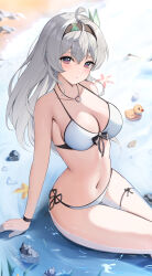  1girl absurdres ahoge beach bikini black_hair black_wristband blue_eyes breasts cleavage commentary_request firefly_(honkai:_star_rail) hair_between_eyes hair_ornament highres honkai:_star_rail honkai_(series) jewelry knees_out_of_frame large_breasts long_hair looking_at_viewer multicolored_eyes navel necklace no_pants no_shirt parted_lips partially_submerged pink_eyes ring ring_necklace rubber_duck sand side-tie_bikini_bottom sidelocks sitting solo stomach swimsuit thigh_strap white_bikini white_hair yeni1871 