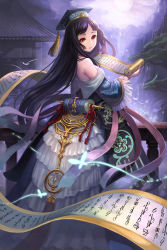  1girl :o architecture bare_shoulders black_hair blunt_bangs breasts bug butterfly character_request cloud cloudy_sky dress east_asian_architecture facing_away frilled_dress frilled_sleeves frills full_body full_moon hat highres holding holding_scroll inishie_no_megami_to_houseki_no_ite insect long_hair looking_at_viewer looking_back medium_breasts moon night official_art orange_eyes outdoors parted_bangs parted_lips scroll sky solo standing strapless strapless_dress tassel terai_(teraimorimori) tree very_long_hair water waterfall white_dress wide_sleeves 