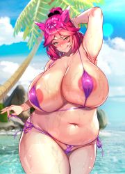  1girl absurdres areola_slip arm_up armpits bikini blush breasts cloud fat highres huge_breasts long_hair looking_at_viewer micro_bikini ocean original pink_hair plump purple_bikini sky smile solo standing swimsuit thick_thighs thighs tongue tongue_out water wet wow_(cor369) yellow_eyes  rating:Questionable score:190 user:FabricioDias