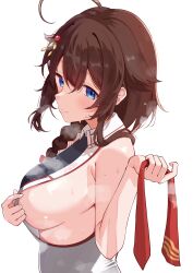  1girl absurdres ahoge black_shirt blue_eyes braid breasts brown_hair calin collared_shirt commentary_request hair_between_eyes hair_flaps hair_over_shoulder highres holding_necktie hot kantai_collection large_breasts light_smile long_hair looking_at_viewer necktie red_necktie shigure_(kancolle) shigure_kai_san_(kancolle) shirt sideboob simple_background single_braid sleeveless sleeveless_shirt solo sweat two-tone_shirt unworn_necktie upper_body white_background white_shirt 