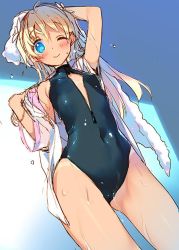 1girl ;) blue_eyes covered_navel front_zipper_swimsuit meme_attire one-piece_swimsuit one_eye_closed smile solo swimsuit tan tanline tatami_to_hinoki towel wet rating:Sensitive score:17 user:danbooru