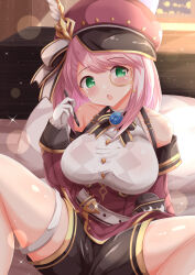  1girl bare_shoulders black_bow black_shorts blush bow breasts brown_hat brown_sleeves cabbie_hat charlotte_(genshin_impact) chestnut_mouth commentary_request detached_sleeves frilled_sleeves frills genshin_impact gloves green_eyes hat highres holding holding_stylus large_breasts long_hair long_sleeves looking_at_viewer monocle open_mouth pink_hair shirt shorts sitting sleeveless sleeveless_shirt sleeves_past_wrists solo spread_legs striped_bow stylus swept_bangs white_gloves white_shirt xenon_(for_achieve)  rating:Sensitive score:7 user:danbooru