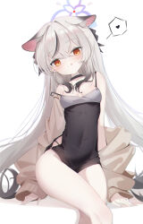  1girl :q absurdres animal_ear_fluff animal_ears black_dress blue_archive breasts brown_cardigan brown_eyes cardigan choker cocokawa_(cjsj8353) crossed_legs dress grey_hair halo heart highres kokona_(blue_archive) long_hair looking_at_viewer multicolored_hair off_shoulder short_dress sitting small_breasts smile solo spoken_heart strap_slip streaked_hair thighs tiger_ears tiger_girl tongue tongue_out very_long_hair 