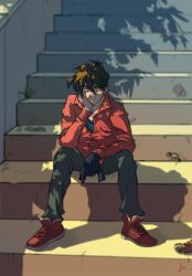 1boy black_shirt breast_pocket brown_hair can collarbone commentary drink_can english_commentary gloves gundam gundam_wing hand_on_own_face heero_yuy holding holding_clothes holding_gloves jacket male_focus papricots pocket red_footwear red_jacket shirt short_hair sitting sitting_on_stairs soda_can solo stairs unbuttoned unworn_gloves