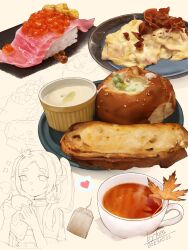  1girl absurdres bread cup dated fish_(food) food food_focus frieren heart highres holding holding_cup leaf looking_at_viewer nigirizushi original plate roe signature sousou_no_frieren sushi tom23579 twintails 