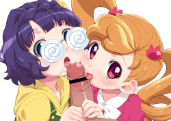  1boy 2girls anyamal_tantei_kirumin_zoo bar_censor bespectacled black_hair blush bow braid bubble cat_hair_ornament censored cheek-to-cheek cheek_press coke-bottle_glasses cooperative_fellatio crown_braid curly_hair dress drill_hair erection fellatio ffm_threesome glasses green_eyes group_sex hair_ornament heads_together heart heart-shaped_pupils hetero holding_hands hood hoodie licking licking_penis light_brown_hair loli looking_at_viewer mikogami_riko mikogami_rimu multicolored_clothes multiple_girls nail_polish open_mouth oral orange_hair out_of_frame overalls penis penis_on_face pink_dress pink_nails pointless_censoring pov pov_crotch purple_eyes ribbon rimless_eyewear round_eyewear saliva saliva_trail senzoc short_hair simple_background smile suspenders symbol-shaped_pupils teamwork threesome tongue tongue_out twin_drills twintails upper_body wavy_hair white_background yellow_hoodie 