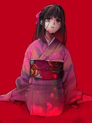  1girl arm_support black_hair blood blood_on_clothes blood_on_face blood_on_neck blunt_bangs bow commentary_request gegege_no_kitarou hair_bow highres japanese_clothes kimono kitarou_tanjou:_gegege_no_nazo kneeling long_hair long_sleeves looking_up obi orange_eyes parted_lips pink_bow pink_kimono print_kimono print_sash red_background red_sash redpepper0517 ryuuga_sayo sash simple_background solo tears wide_sleeves 