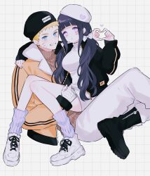  1boy 1girl alternate_costume alternate_hairstyle arm_around_shoulder bandaged_arm bandages black_footwear black_hat black_jacket blue_eyes blush boots breasts brown_sweater couple dress facial_mark facial_tattoo hat heart heart_hands heart_tattoo hetero highres hyuuga_hinata jacket large_breasts leg_warmers long_hair naruto:_the_last naruto_(series) open_clothes open_jacket orange_jacket pants purple_eyes shoes smile sweater sweater_dress tattoo ting twintails uzumaki_naruto whisker_markings white_footwear white_hat white_pants white_sweater 