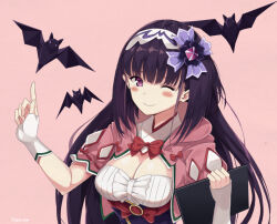  1girl ;) artist_name bat_(animal) black_hair blush bow breasts cleavage cloak commentary commentary_request english_commentary fate/grand_order fate_(series) hair_between_eyes hairband hands_up holding holding_tablet_pc hood hood_down hooded_cloak index_finger_raised kaosu_kun long_hair looking_at_viewer one_eye_closed origami osakabehime_(fate) pink_background pink_cloak purple_eyes red_bow simple_background smile solo tablet_pc upper_body wavy_mouth white_hairband 