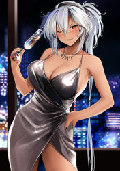  1girl alcohol bare_shoulders black_dress blush breasts champagne champagne_flute cleavage collarbone commentary_request contrapposto cowboy_shot cup dark-skinned_female dark_skin dress drinking_glass fingernails glass glasses hair_between_eyes hairband halter_dress halterneck hand_on_own_hip highres holding jewelry kantai_collection long_hair looking_at_viewer musashi_(kancolle) musashi_kai_ni_(kancolle) nail_polish necklace night one_eye_closed parted_lips rectangular_eyewear red_eyes sharp_fingernails sidelocks silver_hair sleeveless sleeveless_dress solo standing window yunamaro  rating:Sensitive score:34 user:danbooru