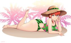  1girl absurdres alternate_costume ass barefoot blue_eyes braid braided_ponytail breasts cleavage curvy food_print full_body green_one-piece_swimsuit hat highleg highleg_swimsuit highres huge_ass lackatask large_breasts leg_up looking_at_viewer lying official_alternate_costume on_stomach one-piece_swimsuit palm_tree ranma-chan ranma_1/2 red_eyes simple_background single_braid skindentation smile solo sun_hat swimsuit tree two-tone_swimsuit watermelon_print 