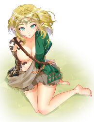  1girl absurdres archaic_set_(zelda) barefoot blonde_hair blue_eyes breasts feet highres looking_at_viewer medium_breasts meisaki nintendo nipples one_breast_out pointy_ears princess_zelda short_hair solo the_legend_of_zelda the_legend_of_zelda:_tears_of_the_kingdom  rating:Questionable score:44 user:RIG