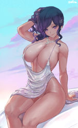  1girl areola_slip arm_up azur_lane backless_dress backless_outfit bad_id bad_pixiv_id bare_shoulders blue_hair breasts cleavage covered_erect_nipples dress earrings evening_gown hair_between_eyes hair_ornament hairclip halter_dress halterneck highres jewelry large_breasts necklace no_bra no_panties plunging_neckline revealing_clothes side_ponytail sidelocks silver_dress sitting st._louis_(azur_lane) st._louis_(luxurious_wheels)_(azur_lane) thighs zefrableu  rating:Questionable score:317 user:danbooru