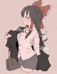  1girl black_hair black_jacket blush bow briefcase closed_mouth collared_shirt commentary_request cookie_(touhou) cowboy_shot cropped_legs expressionless frilled_bow frilled_hair_tubes frills grey_skirt hair_bow hair_tubes hakurei_reimu highres jacket long_hair long_sleeves looking_at_viewer looking_to_the_side office_lady open_clothes profile red_bow rikadai sananana_(cookie) shirt sidelocks simple_background skirt solo steaming_body sweat touhou undressing white_shirt yellow_eyes 