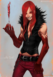  1boy blood carmine_(under_night_in-birth) chain colored_sclera colored_skin crystal evil_grin evil_smile fur_collar grin hair_over_one_eye lips lividvelvet long_hair male_focus multicolored_skin muscular nose pants red_hair red_sclera red_skin sleeveless slit_pupils smile solo teeth two-tone_skin under_night_in-birth vest  rating:Sensitive score:18 user:danbooru
