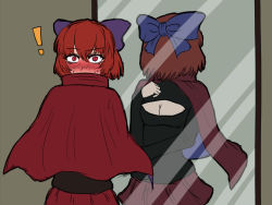 ! 1girl black_sweater blush breasts cape caught cleavage constricted_pupils covered_mouth embarrassed from_behind full-face_blush hair_ribbon hand_on_own_chest high_collar long_sleeves looking_at_viewer looking_back medium_breasts meme_attire miata_(miata8674) mirror open-chest_sweater red_cape red_eyes red_hair red_skirt reflection ribbon sekibanki short_hair skirt solo surprised sweat sweater touhou rating:Sensitive score:7 user:danbooru