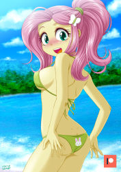  1girl animal_hair_ornament animal_print aqua_eyes ass bikini blush breasts butterfly_hair_ornament colored_skin fluttershy green_bikini hair_ornament hair_tie hairclip large_breasts my_little_pony my_little_pony:_equestria_girls my_little_pony:_friendship_is_magic personification pink_hair ponytail rabbit_print sideboob solo swimsuit uotapo yellow_skin  rating:Sensitive score:71 user:indridcold13