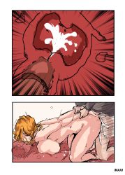  1boy 1girl absurdres arm_grab arm_held_back arms_behind_back bed bleach blonde_hair bottomless breasts clothed_male_nude_female cum cum_in_pussy cum_overflow doggystyle ejaculation highres internal_cumshot kneeling kojima_mizuiro looking_back matsumoto_rangiku maxi nipples nude one_eye_closed penis pillow sequential sex sex_from_behind sketch sweat tagme top-down_bottom-up uncensored vaginal x-ray 