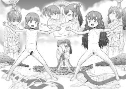  1boy 1girl absurdres bar_censor censored closed_mouth collarbone commission completely_nude erection flat_chest greyscale hand_fan highres japanese_clothes kimono legs_apart loli long_hair medium_hair monochrome navel nipples nude open_mouth original outstretched_arms penis pixiv_commission pussy shiroshouzoku shota small_penis spread_arms standing takahashi_note testicles trap 