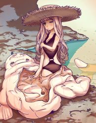  1girl :&lt; animal_costume beach black_one-piece_swimsuit blunt_bangs blush breast_hold breasts brown_eyes casual_one-piece_swimsuit cleavage clothing_cutout costume crab dachaku hat holding_own_arm long_hair looking_down manatee_costume o-ring o-ring_swimsuit ocean on_ground one-piece_swimsuit one_eye_closed open_mouth original outdoors partially_submerged side_cutout silver_hair sitting solo straw_hat sunset swimsuit undressing very_long_hair water wet wink yokozuwari 