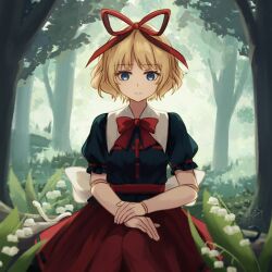  1girl back_bow black_shirt blonde_hair blue_eyes bow bowtie chunjiu collared_shirt doll empty_eyes expressionless flower forest grass hair_ribbon hands_on_own_knees highres looking_down medicine_melancholy nature outdoors pantyhose puffy_short_sleeves puffy_sleeves red_bow red_bowtie red_pantyhose red_ribbon red_skirt ribbon shirt shirt_tucked_in short_hair short_sleeves silk sitting skirt snake spider_web sunlight touhou underbust wavy_hair white_bow white_flower white_snake  rating:General score:3 user:danbooru