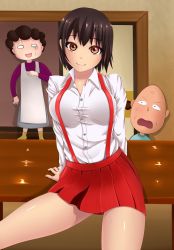  1boy 2girls age_difference aged_up bald blush breasts brown_eyes brown_hair chibi_maruko-chan family highres indoors large_breasts looking_at_viewer multiple_girls o_o on_table open_mouth shiny_skin short_hair smile surprised table thighs  rating:Sensitive score:28 user:dragas