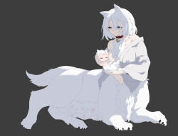 1girl 1other absurdres animal_ears bare_shoulders bell black_background blush breasts centauroid child chinese_commentary claws closed_eyes closed_mouth collar collarbone commentary_request dog_ears dog_tail full_body grey_kimono hair_between_eyes highres japanese_clothes kimono large_breasts long_hair monster_girl mother_and_child neck_bell nipples off_shoulder original partially_undressed red_collar sidelocks simple_background sitting smile tail taur white_fur white_hair zhu_fun 