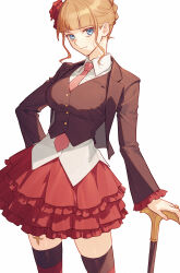  1girl aluce beatrice_(umineko) black_jacket blonde_hair blue_eyes blunt_bangs braid breasts chinese_commentary collared_shirt commentary commentary_request cowboy_shot flower french_braid frilled_skirt frilled_sleeves frills hand_on_cane hand_on_own_hip highres jacket lapels large_breasts long_sleeves looking_at_viewer necktie notched_lapels open_clothes open_jacket pink_necktie red_flower red_skirt shirt sidelocks skirt solo striped_clothes striped_thighhighs thighhighs umineko_no_naku_koro_ni untucked_shirt updo vest white_background white_shirt zettai_ryouiki 