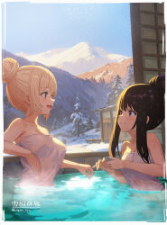 2girls :d absurdres arm_rest black_hair blonde_hair edgar_syu from_side grin hair_bun hands_up highres inoue_takina looking_at_another lycoris_recoil mountain multiple_girls naked_towel nishikigi_chisato onsen open_mouth parted_lips partially_submerged purple_hair red_eyes smile snow steam towel tree water wet window 