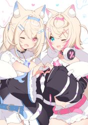  2girls ;d absurdres animal_ear_fluff animal_ears bare_shoulders belt belt_buckle black_jacket blonde_hair blue_eyes blue_hair blue_hairband breasts buckle cleavage commentary dog_ears dog_girl dog_tail fake_horns fang fangs frilled_shorts frills fuwawa_abyssgard fuwawa_abyssgard_(1st_costume) hair_ornament hairband hairclip headphones headphones_around_neck heart heart_hands heart_hands_duo highres hololive hololive_english horns jacket long_sleeves medium_breasts mococo_abyssgard mococo_abyssgard_(1st_costume) multicolored_hair multiple_girls off_shoulder one_eye_closed open_clothes open_fly open_jacket open_mouth open_shorts p19 pink_belt pink_eyes pink_hair pink_hairband puffy_long_sleeves puffy_sleeves short_shorts shorts siblings simple_background sisters sleeves_past_wrists smile tail twins two-tone_hair two_side_up virtual_youtuber white_background white_shorts wide_sleeves x_hair_ornament 