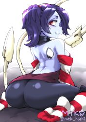  1girl absurdres ass back backless_dress backless_outfit bare_shoulders blue_hair blue_skin cameltoe colored_skin detached_collar detached_sleeves dress exposed_bone feet foot_focus highres leviathan_(skullgirls) looking_at_viewer looking_back mtk_hoshi mutsuki_(pixiv116518) red_eyes side_ponytail skullgirls smile socks solo squigly_(skullgirls) stitched_mouth stitches striped_clothes striped_sleeves striped_socks toes zombie  rating:Sensitive score:21 user:HomeStruck