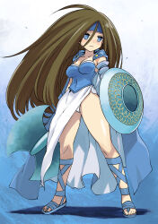  1girl absurdres axe battle_axe big_hair blue_cape blue_eyes blue_footwear blue_headband blue_shirt breasts brown_hair cape cleavage closed_mouth collarbone diane_(monster_maker) frown full_body gladiator_sandals hair_between_eyes headband highres holding holding_axe holding_shield legs_apart long_hair medium_breasts monster_maker muramasa_mikado no_pupils panties pantyshot sandals shadow shield shirt side_slit skirt solo standing toenails two-sided_fabric two-tone_cape underwear weapon white_cape white_panties white_skirt 