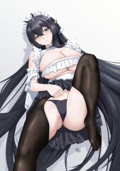 1girl absurdly_long_hair absurdres artist_name azur_lane black_hair black_panties black_pantyhose black_skirt breasts choker cleavage clothes_lift crotchless crotchless_pantyhose feet_out_of_frame frilled_choker frills hair_between_eyes highres huge_breasts indomitable_(azur_lane) indomitable_(ms._motivationless_maid)_(azur_lane) lifting_own_clothes long_hair looking_at_viewer lying maid_headdress miniskirt official_alternate_costume on_back panties pantyhose pleated_skirt simple_background skindentation skirt skirt_lift solo thighs tierla underwear very_long_hair white_background yellow_eyes rating:Sensitive score:27 user:danbooru