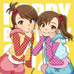  2girls bag brown_eyes brown_hair cherry cherry_hair_ornament cowboy_shot detached_sleeves food food-themed_hair_ornament fruit fur-trimmed_jacket fur_trim futami_ami futami_mami grin hair_ornament hair_tie handbag hands_on_own_face happy_birthday heart-shaped_bag highres idolmaster idolmaster_(classic) jacket long_hair long_sleeves looking_at_viewer multiple_girls naruse_ill open_clothes open_jacket polka_dot ponytail short_hair short_ponytail shorts side_ponytail smile star-shaped_bag strawberry strawberry_hair_ornament yellow_background 