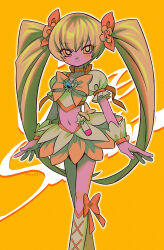  1girl absurdres arms_at_sides artist_name blonde_hair blush boots bow bowtie bright_pupils choker closed_mouth collarbone crossed_legs cure_sunshine feet_out_of_frame fingernails hair_between_eyes hair_bow heartcatch_precure! highres knee_boots layered_skirt long_hair looking_at_viewer menma_(enaic31) myoudouin_itsuki navel orange_background orange_bow orange_choker orange_eyes orange_skirt orange_trim outline precure puffy_short_sleeves puffy_sleeves retro_artstyle shirt short_sleeves skirt smile solo standing twintails very_long_hair white_outline white_pupils white_shirt white_skirt white_wrist_cuffs wrist_cuffs 