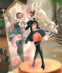 2girls animal_ears arched_back arm_at_side ass boots breasts rabbit_ears cleavage dark_skin dark-skinned_female dress ears_through_headwear final_fantasy final_fantasy_xii final_fantasy_xiv fran_(ff12) full-length_mirror gloves hand_up high_heel_boots high_heels high_ponytail indoors leaning_forward long_hair long_sleeves looking_at_mirror medium_dress mirror multiple_girls nier_(series) nier:automata panties ponytail red_eyes reflection short_hair solo_focus standing thigh_boots thighhighs thighhighs_under_boots underwear very_long_hair viera white_hair white_panties 2b_(nier:automata) zxin rating:Sensitive score:45 user:danbooru