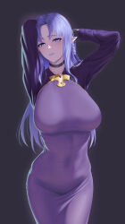  1girl arms_behind_head arms_up black_gloves blue_eyes blue_hair blue_lips blush braid breasts choker covered_navel dress fate/stay_night fate_(series) gloves highres large_breasts long_hair long_sleeves looking_at_viewer medea_(fate) nmi parted_bangs parted_lips pointy_ears purple_dress side_braid sidelocks solo 