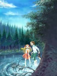  1boy 1girl cecile_(suikoden) cloud day dress forest gensou_suikoden gensou_suikoden_iii kazune long_hair nature open_mouth outdoors ribbon scenery short_dress short_hair sky smile thomas_(suikoden) tree water 