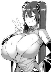  1girl absurdres alternate_breast_size breasts cleavage deep_cleavage earpiece facominn greyscale hair_ornament hand_on_own_hip hatsune_miku highres huge_breasts long_hair microphone monochrome one_eye_closed smile solo sweat twintails v vocaloid wink  rating:Explicit score:44 user:tetonasiwabner4