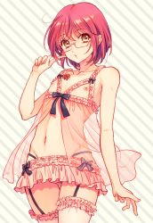  10s 1boy :o androgynous ayamiya_fumi babydoll bad_id bad_pixiv_id beige_background bridal_garter cowboy_shot crossdressing expressionless eyelashes garter_belt garter_straps glasses gowther lace lace-trimmed_legwear lace_trim lingerie looking_at_viewer male_focus nanatsu_no_taizai navel nippleless_clothes nipples nude panties parted_lips pink_hair pointing pointing_at_self short_hair simple_background solo standing striped striped_background tattoo thighhighs trap underwear yellow_eyes  rating:Questionable score:148 user:danbooru