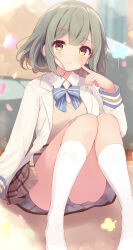  1girl blue_bow blue_bowtie blush bow bowtie breasts brown_hair feet_out_of_frame hair_ornament hairclip highres kneehighs knees_together_feet_apart komone_ushio long_sleeves looking_at_viewer medium_breasts orange_eyes original petals pointing pointing_at_self school_uniform sidelocks sitting smile socks solo 