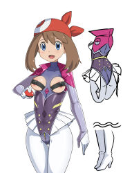 1girl blue_eyes blush breastless_clothes breastless_leotard breasts brown_hair cameltoe character_sheet cleft_of_venus cosplay creatures_(company) game_freak gen_6_pokemon gozaru highres holding holding_poke_ball leotard looking_at_viewer malamar malamar_(cosplay) may_(pokemon) medium_breasts neon_lights nintendo nipples no_humans poke_ball pokemon pokemon_(creature) pokemon_rse revealing_clothes see-through see-through_leotard shiny_skin wide_hips