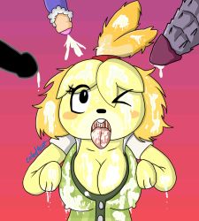  1girl 3boys animal_crossing black_eyes blonde_hair blush_stickers breasts bukkake cleavage covered_erect_nipples cum cum_in_mouth cum_on_body cum_on_breasts cum_on_hair cum_on_upper_body ejaculation excessive_cum eyelashes facial furry gradient_background highres ice_climber isabelle_(animal_crossing) large_breasts metroid mr._game_&amp;_watch multiple_boys nintendo one_eye_closed open_mouth penis popo_(ice_climber) ridley star_(symbol) starry_background super_smash_bros. tongue tongue_out vest  rating:Explicit score:4 user:coiledtaint